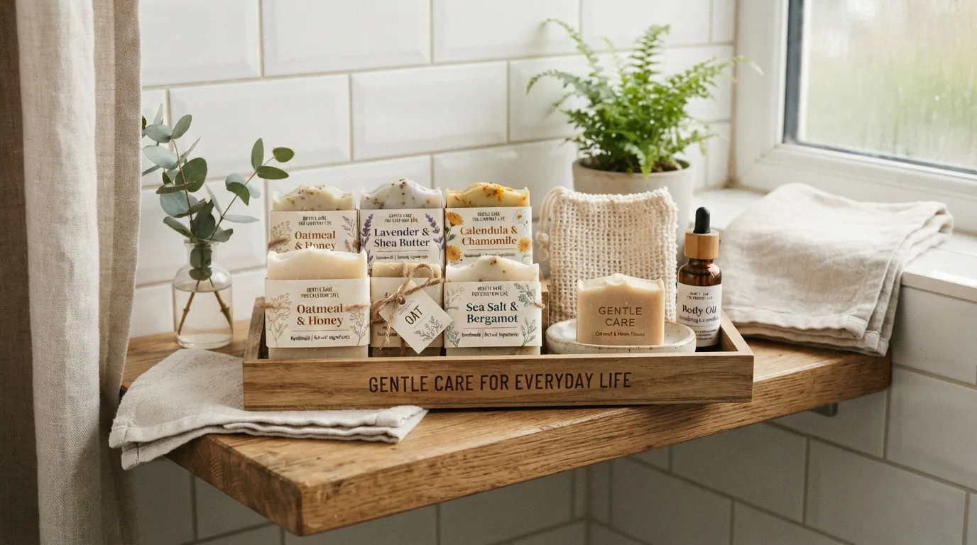 Giftable soap collection displayed in a bright bathroom